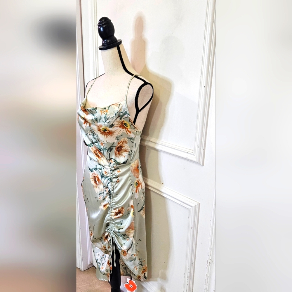 Cider Green Satin Multicolor Floral Asymmetrical Midi Slip Dress,Medium,NWT - Picture 8 of 16